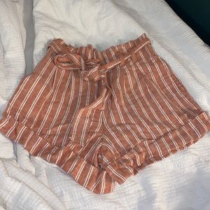 Abercrombie & Fitch Linen High Waist Striped Shorts - Teracotta and White